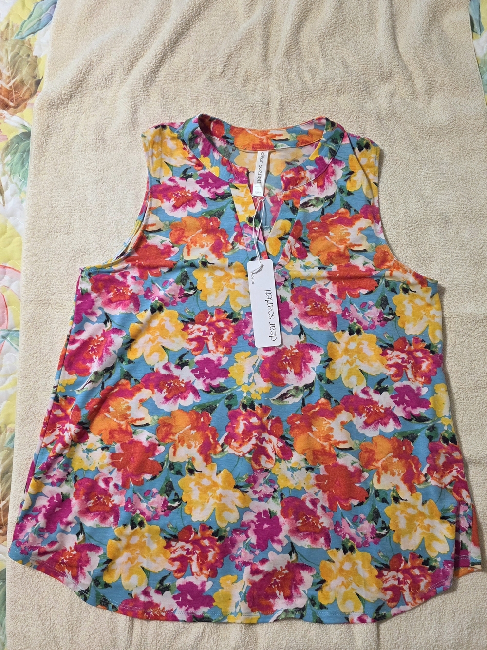 dear scarlett Teal Floral Sleeveless Blouse with Bright Blooms